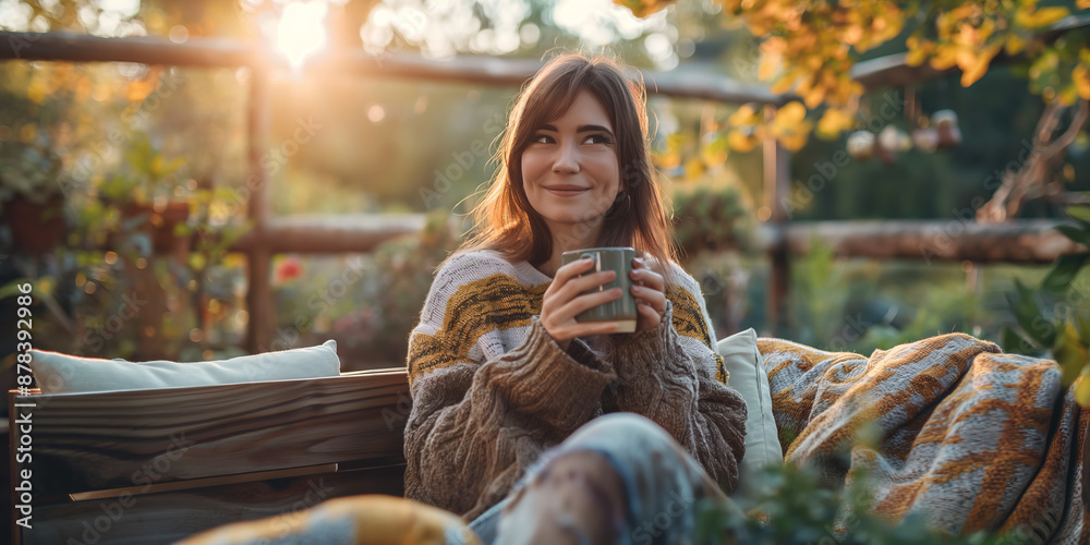 Wall mural Young woman having a cup of tea on cozy wooden terrace with rustic wooden furniture, soft colorful pillows and autumn foliage. Charming sunny evening in fall garden.