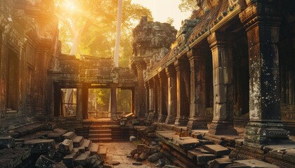 Ancient stone temple ruins bathed in golden sunlight, with a  mysterious doorway leading into the jungle.