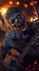 Terrifying undead musician playing guitar in a post-apocalyptic setting, capturing survival and music's enduring power in the face of apocalypse