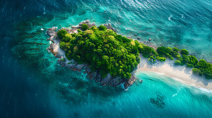 Drone view of a picturesque island with white sandy beaches, turquoise waters, and a coral reef surrounding it, making it a perfect paradise for nature lovers and vacationers