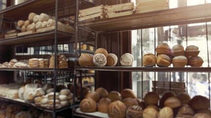 Bakery scene with bread display and ample space for text overlay in the background