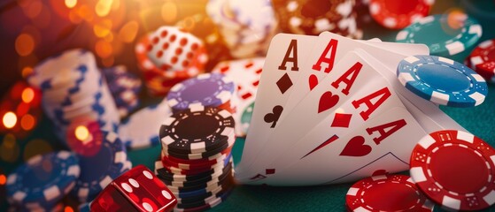 Close up of a poker hand with four aces, chips and dice on a green felt table.