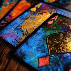 Close up of colorful playing cards with ornate designs, featuring the ace of diamonds.