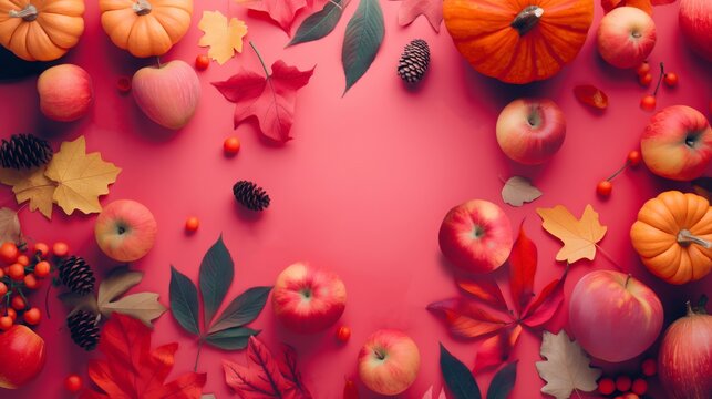 Autumn red themed flat composition of fallen leaves and apples on an autumn background. Ideal for Thanksgiving or seasonal concepts with ample copy space for an additional design element.