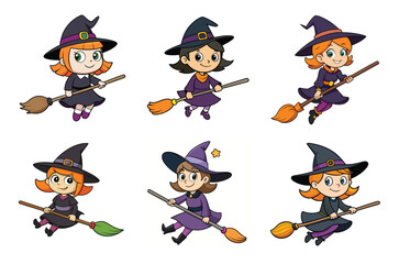 halloween witch with broom vector illustration, halloween witch isolated on white, witch with broom, witch flying with broom vector art
