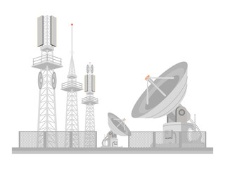 Telecommunication tower and satellite dishes global communication technology, broadcasting, and data transmission. antenna towers and satellite receivers used for internet, television, radio networks