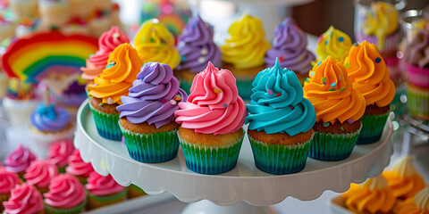 Rainbow themed birthday party dessert table. Pastel colored birthday cake, cupcakes and sweets decorated with rainbow frosting.