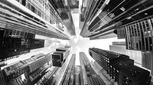 Fototapeta Contemporary artwork. Creative design in retro style. Black and white image of skyscrapers, business buildings in big city. Concept of creativity, surrealism, imagination, futuristic landscape. Poster