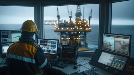 Engineer in a control room monitoring offshore oil rig operations at dusk