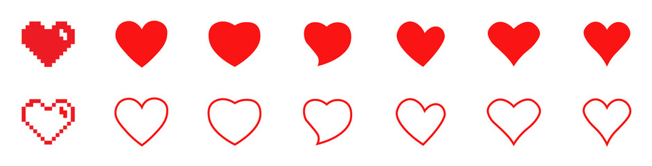 Set of red hearts icons, collection of heart variation signs - stock vector on white background eps10