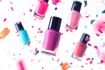 Obraz premium Nail polish bottles falling in the air on white background