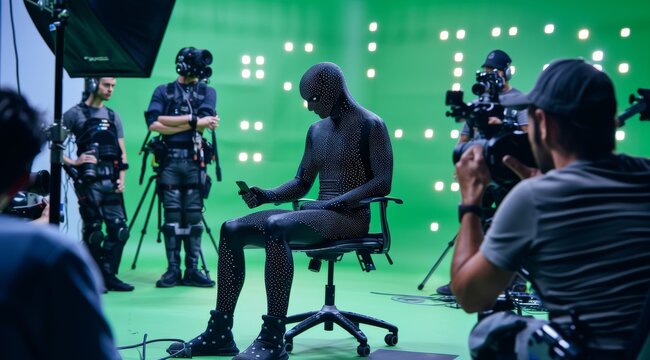 Actor in motion capture suit on film set during production with green screen background