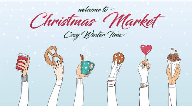 German Christmas Market traditional Food - colored vector illustration