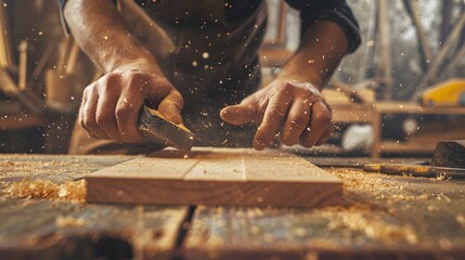 Sanding Wood: Hands using sandpaper to smooth a piece of wood, with woodworking tools and sawdust around.
