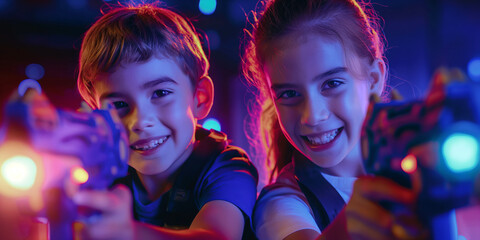 Two ten year old kids playing laser tag in an indoor space. Children wearing goggles and holding laser guns. Active and fun leisure for big kids and teenagers.