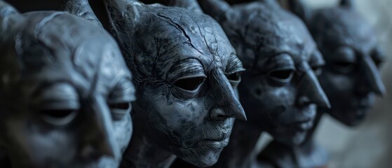 Naklejka premium Close Up of Detailed Sculptures of Demonic Faces