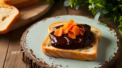 Vibrant still life on a distressed wooden table, featuring a warm, crusty bread slice smothered with rich, dark brown Vegemite and topped with a dollop of vibrant orange coconut Sambol, its flakes gli