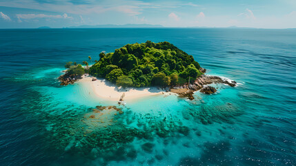 Fototapeta premium Drone view of a picturesque island with white sandy beaches, turquoise waters, and a coral reef surrounding it, making it a perfect paradise for nature lovers and vacationers