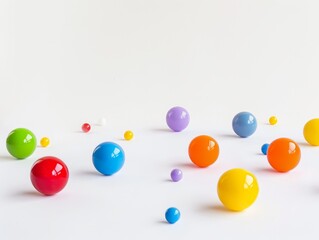 Colorful glossy spheres scattered on a white background. Abstract design, playful and vibrant.