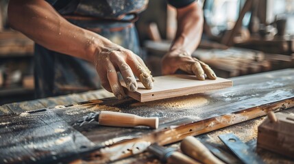 Sanding Wood: Hands using sandpaper to smooth a piece of wood, with woodworking tools and sawdust around.
