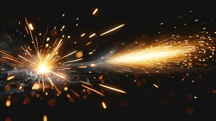 A captivating explosion of bright yellow-orange sparks bursting against a dark background, creating a dynamic and energetic visual effect showcasing the beauty of motion.