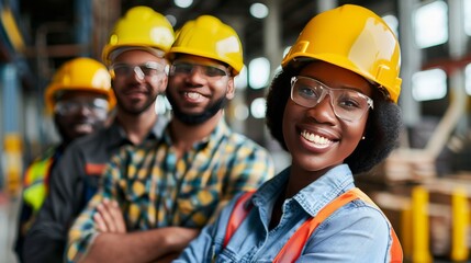 Diverse team of industrial workers wearing hard hats and safety glasses, smiling confidently.