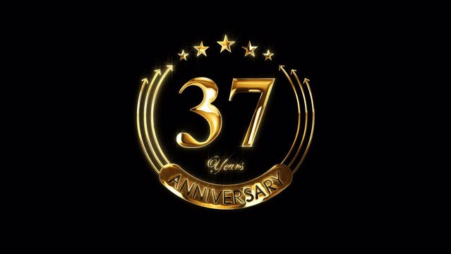Happy 37th Anniversary Celebration. Golden 37 Years Anniversary Animation in Gold Color on the Transparent Background, Alpha Channel. Great for greetings, celebrations, events, and gifts.