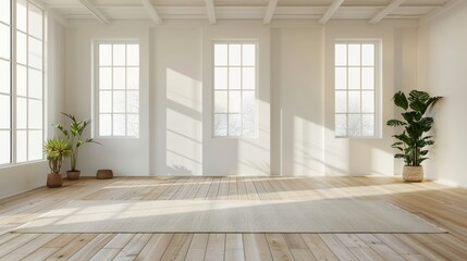 Fototapeta premium Empty white room with large windows and wooden floors, sunlight streaming through. Minimalist design perfect for home decor or lifestyle photography.