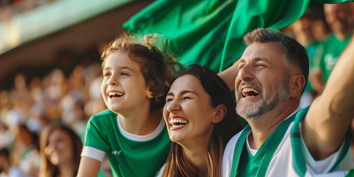 Excited sports fans wearing green and white clothes celebrating the victory of their team. People chanting and cheering for their soccer team. Family watching football match.