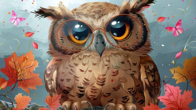 The illustration depicts an adorable owl with round glasses, surrounded by autumn leaves, capturing the whimsical feel of the fall season and emphasizing the cuteness and whimsy.