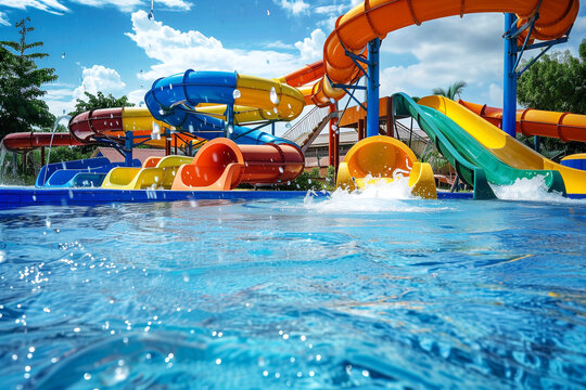 Water park with colorful slides and splashes in the pool, summer vacation activity for family or friends on holiday at outdoor waterpark or aquapark .