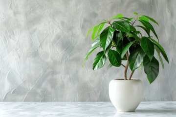 A green potted plant with broad leaves, placed against a textured, greyish wall, bathed in bright light, creating a stylish and serene composition for a modern space.