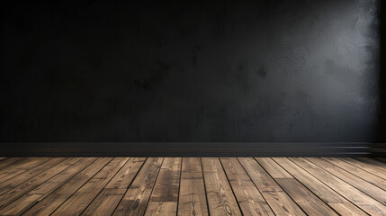 cuarto minimalista con muro negro de concreto iluminado y un piso de madera habitacion interior con espacio de copia o para producto cuarto vacio con diseño © Erika
