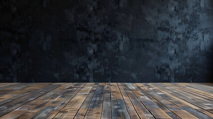 habitacion con muro de piedra en negro y un piso de madera escenario para producto con espacio para copiar iluminado y elegante fondo minimalista © Erika