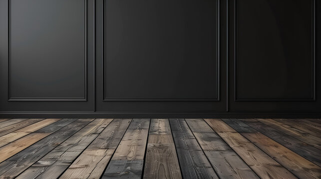 habitacion con paredes negras y piso de madera estilo vintage elegante y sobrio habitacion al interior cuarto para dise&ntilde;o o producto