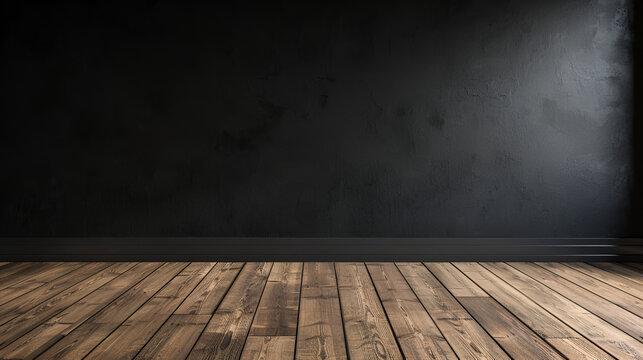 cuarto minimalista con muro negro de concreto iluminado y un piso de madera habitacion interior con espacio de copia o para producto cuarto vacio con dise&ntilde;o