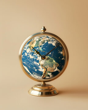 The earth as a clock on a beige background, front view, close-up, minimalist, in the advertising style. 