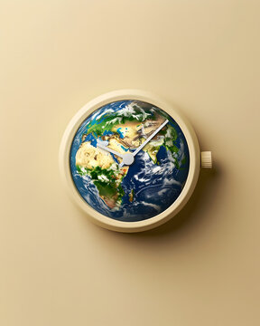 The earth as a clock on a beige background, front view, close-up, minimalistic. 
