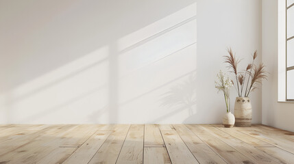 cuarto con un muro blanco con entrada de luz por los ventanales y con piso de madera con decoracion de macetas con plantas © Erika