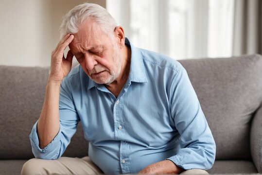 Senior man sits on a couch at home suffering from a headache or migraine with copy space.