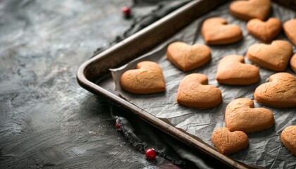 Heart-shaped cookies on a baking sheet, freshly baked and ready to be enjoyed.