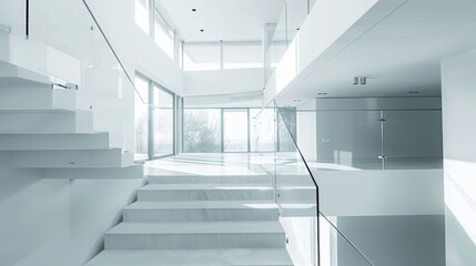 Fototapeta premium Modern white staircase with glass railing in a minimalist interior.