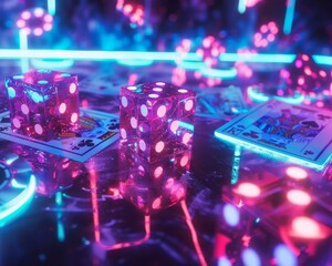 Neon pink and blue lights illuminate dice and playing cards in a futuristic casino setting.