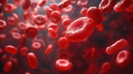 Various red blood cells are seen floating in a detailed, close-up view, showcasing their structure and vibrant color, representing life and the intricacies of biological processes.