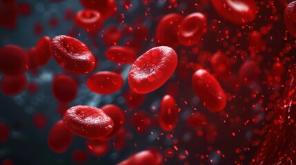 A dynamic scene capturing detailed red blood cells floating in an abstract space, highlighting their structure and vibrant red color, emphasizing life and biological processes.