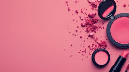 Pink blush, lipstick and compact mirror on pink background.  Perfect for beauty, fashion, and makeup related projects.