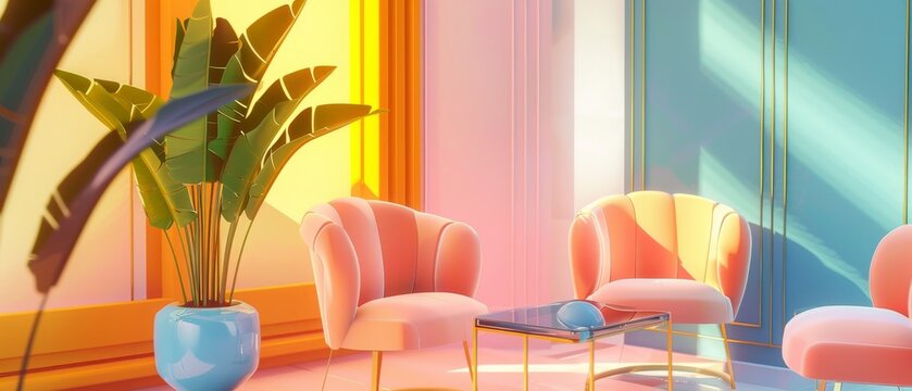 Pink and blue chairs in a colorful, modern living room with a potted plant.