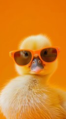 Charming yellow duckling sporting a pair of orange sunglasses, striking a pose against a vibrant orange backdrop. This adorable image captures the essence of cuteness and whimsy