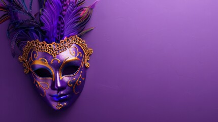 Purple and gold Venetian masquerade mask with feathers on a purple background.