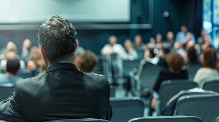 Rear view of a man sitting in an auditorium, listening to a speaker during a conference. The audience is blurred in the background.
